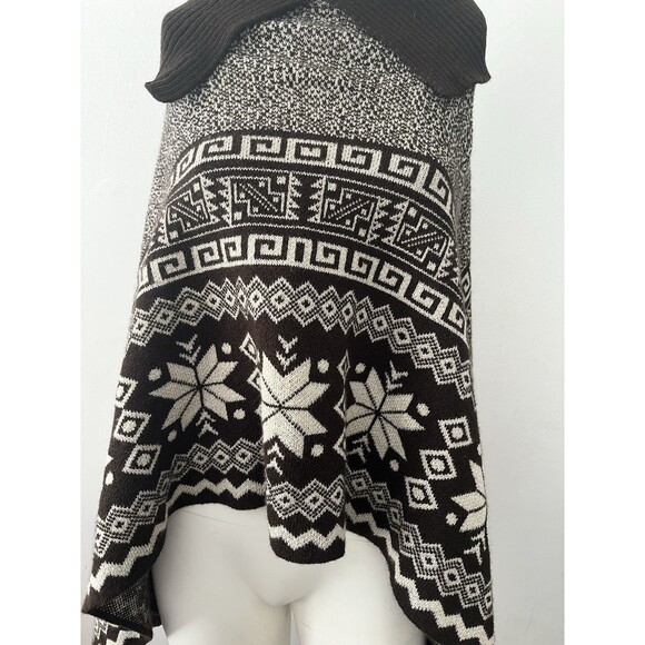 Peruvian Brown Aztec Cape Large Native Wool Blend Fitted Turtleneck Poncho - Picture 4 of 9